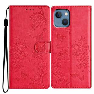 For iPhone 13 Butterflies and Flowers Leather Phone Case(Red)