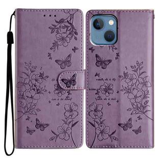 For iPhone 13 Butterfly Love Flower Embossed Leather Phone Case(Purple)