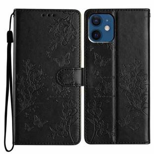 For iPhone 12 / 12 Pro Butterflies and Flowers Leather Phone Case(Black)