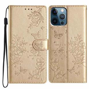 For iPhone 12 Pro Max Butterflies and Flowers Leather Phone Case(Gold)