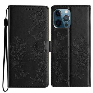 For iPhone 12 Pro Max Butterfly Love Flower Embossed Leather Phone Case(Black)