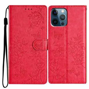 For iPhone 12 Pro Max Butterflies and Flowers Leather Phone Case(Red)