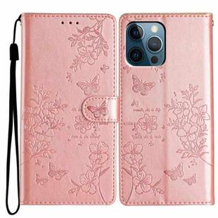 For iPhone 12 Pro Max Butterflies and Flowers Leather Phone Case(Rose Gold)