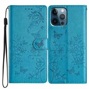 For iPhone 12 Pro Max Butterfly Love Flower Embossed Leather Phone Case(Blue)