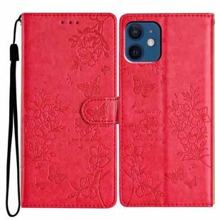 For iPhone 12 mini Butterflies and Flowers Leather Phone Case(Red)
