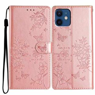 For iPhone 12 mini Butterfly Love Flower Embossed Leather Phone Case(Rose Gold)