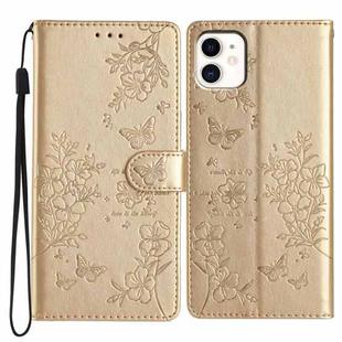 For iPhone 11 Butterflies and Flowers Leather Phone Case(Gold)