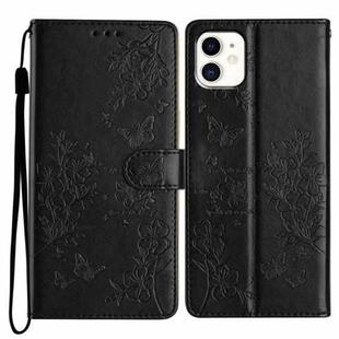 For iPhone 11 Butterflies and Flowers Leather Phone Case(Black)