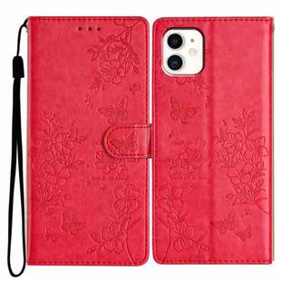 For iPhone 11 Butterfly Love Flower Embossed Leather Phone Case(Red)