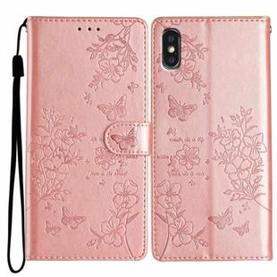 For iPhone XS / X Butterfly Love Flower Embossed Leather Phone Case(Rose Gold)