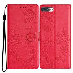 For iPhone 8 Plus / 7 Plus Butterflies and Flowers Leather Phone Case(Red)