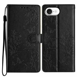 For iPhone 16e Butterflies and Flowers Leather Phone Case(Black)