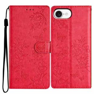 For iPhone 16e Butterflies and Flowers Leather Phone Case(Red)