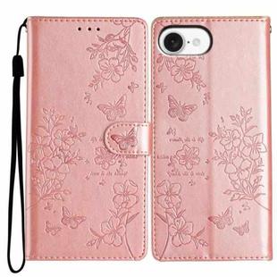 For iPhone 16e Butterflies and Flowers Leather Phone Case(Rose Gold)