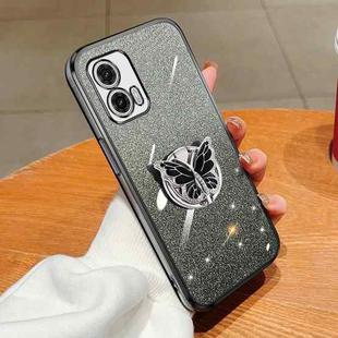 For Motorola Moto G73 Plated Gradient Glitter Butterfly Holder TPU Phone Case(Black)