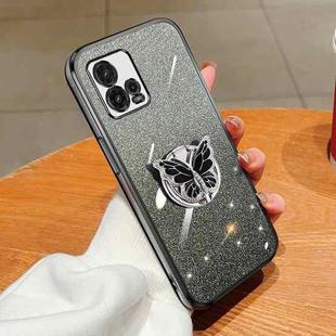 For Motorola Moto G72 Plated Gradient Glitter Butterfly Holder TPU Phone Case(Black)