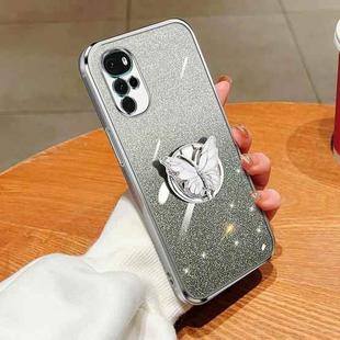 For Motorola Moto G22 Plated Gradient Glitter Butterfly Holder TPU Phone Case(Silver)