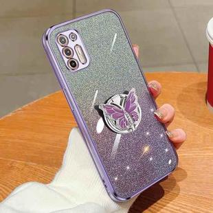 For Motorola Moto G9 Plus Plated Gradient Glitter Butterfly Holder TPU Phone Case(Purple)