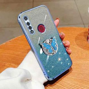 For Motorola Moto G8 Play Plated Gradient Glitter Butterfly Holder TPU Phone Case(Sierra Blue)