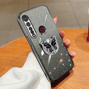 For Motorola Moto G8 Plus Plated Gradient Glitter Butterfly Holder TPU Phone Case(Black)