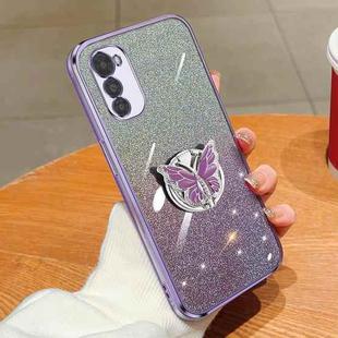 For Motorola Moto E32 Plated Gradient Glitter Butterfly Holder TPU Phone Case(Purple)