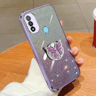 For Motorola Moto E20 Plated Gradient Glitter Butterfly Holder TPU Phone Case(Purple)