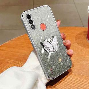 For Motorola Moto E7 Power Plated Gradient Glitter Butterfly Holder TPU Phone Case(Silver)
