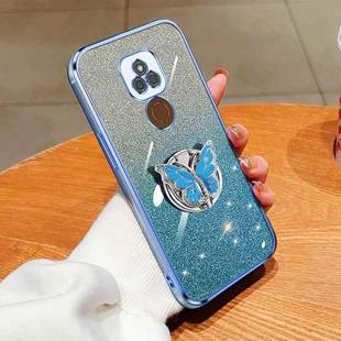 For Motorola Moto E7 Plus Plated Gradient Glitter Butterfly Holder TPU Phone Case(Sierra Blue)