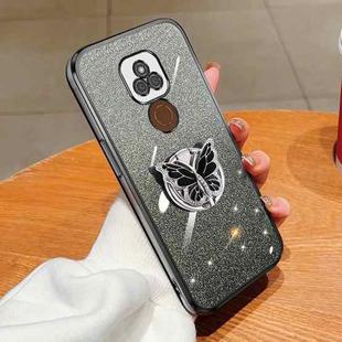 For Motorola Moto E7 Plus Plated Gradient Glitter Butterfly Holder TPU Phone Case(Black)