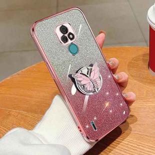 For Motorola Moto E7 Plated Gradient Glitter Butterfly Holder TPU Phone Case(Pink)