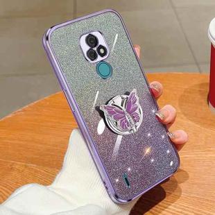 For Motorola Moto E7 Plated Gradient Glitter Butterfly Holder TPU Phone Case(Purple)