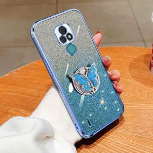 For Motorola Moto E7 Plated Gradient Glitter Butterfly Holder TPU Phone Case(Sierra Blue)