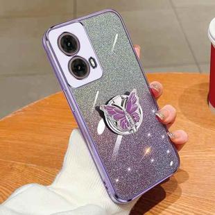 For Motorola Moto G85 Plated Gradient Glitter Butterfly Holder TPU Phone Case(Purple)