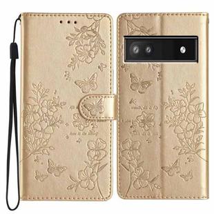 For Google Pixel 8a Butterflies and Flowers Leather Phone Case(Gold)