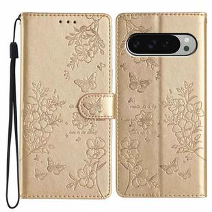 For Google Pixel 9 / 9 Pro Butterflies and Flowers Leather Phone Case(Gold)