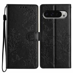 For Google Pixel 9 / 9 Pro Butterflies and Flowers Leather Phone Case(Black)