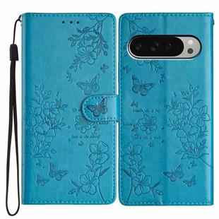 For Google Pixel 9 / 9 Pro Butterflies and Flowers Leather Phone Case(Blue)