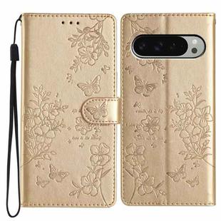 For Google Pixel 9 Pro XL Butterflies and Flowers Leather Phone Case(Gold)