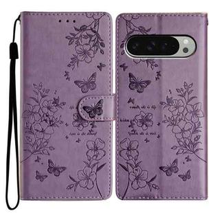 For Google Pixel 9 Pro XL Butterflies and Flowers Leather Phone Case(Purple)