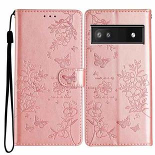 For Google Pixel 9a Butterflies and Flowers Leather Phone Case(Rose Gold)