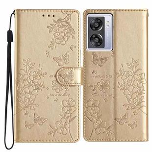 For OPPO A57 4G / 5G / A77 5G Butterfly Love Flower Embossed Leather Phone Case(Gold)