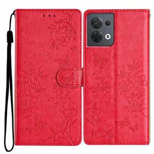 For OPPO Reno8 5G Global Butterfly Love Flower Embossed Leather Phone Case(Red)