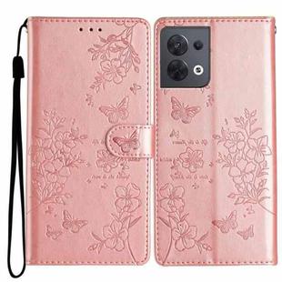 For OPPO Reno8 5G Global Butterfly Love Flower Embossed Leather Phone Case(Rose Gold)