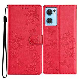 For OPPO Reno7 5G Butterfly Love Flower Embossed Leather Phone Case(Red)