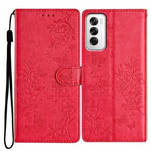 For OPPO Reno12 5G Global Butterfly Love Flower Embossed Leather Phone Case(Red)