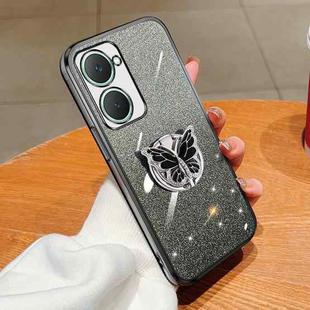 For vivo Y18 Plated Gradient Glitter Butterfly Holder TPU Phone Case(Black)