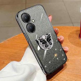 For vivo Y35+ Plated Gradient Glitter Butterfly Holder TPU Phone Case(Black)