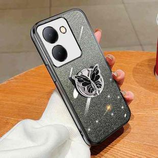 For vivo Y78 Plated Gradient Glitter Butterfly Holder TPU Phone Case(Black)
