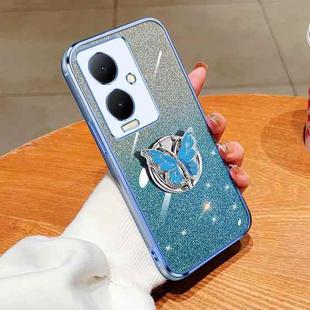 For vivo Y78+ Plated Gradient Glitter Butterfly Holder TPU Phone Case(Sierra Blue)