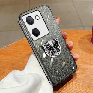For vivo Y100 5G Plated Gradient Glitter Butterfly Holder TPU Phone Case(Black)